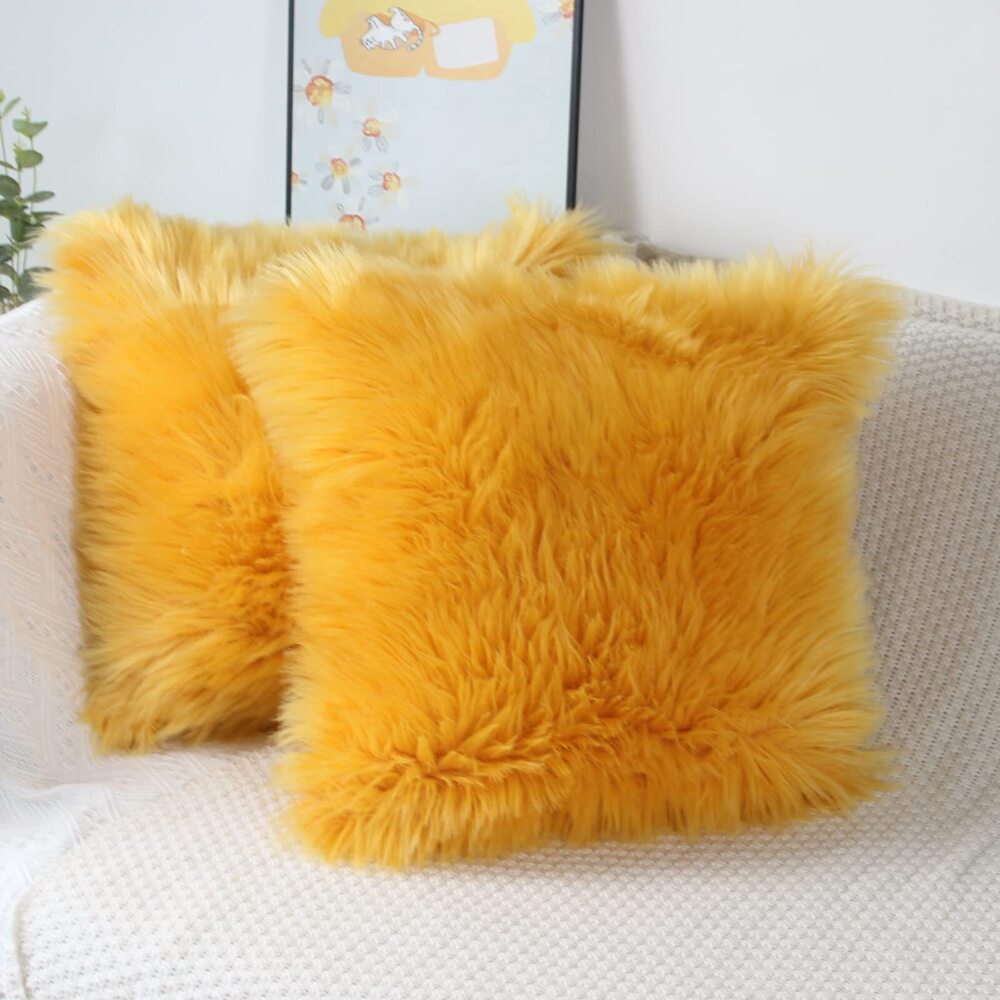 7065 Fluffy Decorative Throw Pillow Covers 16x16, Faux Fur Farmhouse Luxury
